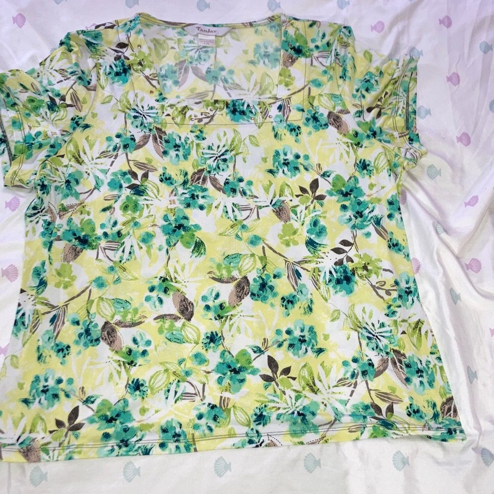 TanJay Green and Yellow Floral Short Sleeve Tee